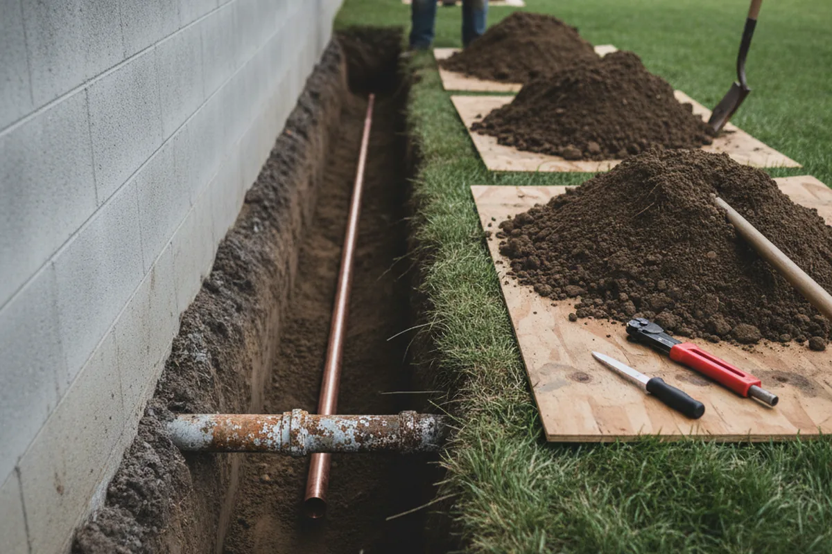 Excavated water line trench during Sewer Line Repair in North Easton